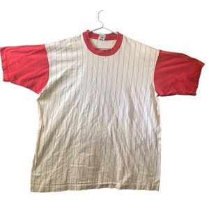 Vintage 90s Fruit of the loom single stitch striped Red  shirt USA made grunge